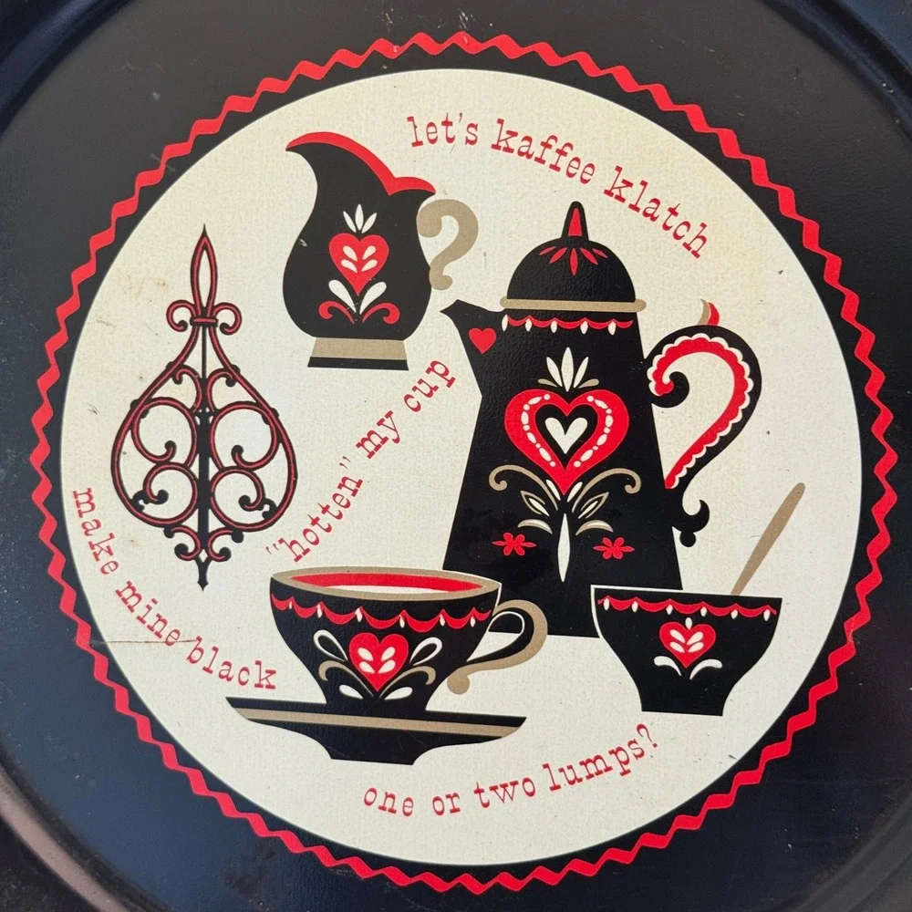 Vintage Kaffee Klatch Folk Art Metal Serving Tray Black Red Heart MCM Folk Art